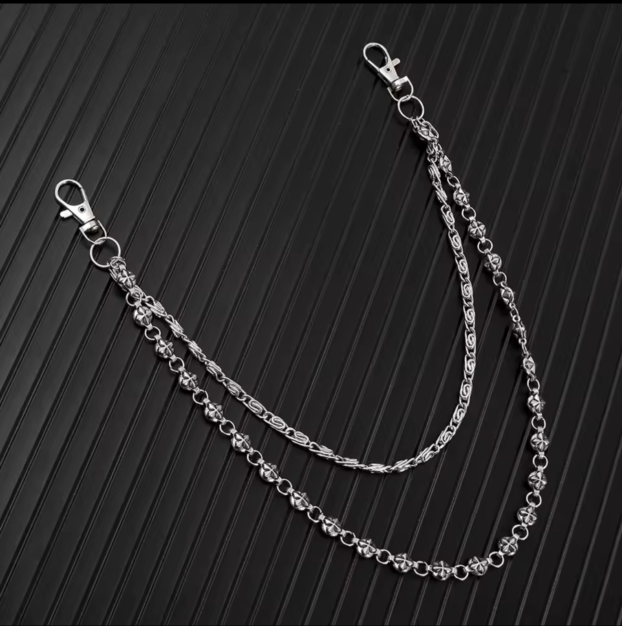 Gothic Layered Cross Ball and S-Link Pants Chain – Punk Rock Silver Metal Wallet Key Chain with Textured Star Cross Beads, Y2K Harajuku Grunge Streetwear Hip-Hop Trousers Belt Accessory 2