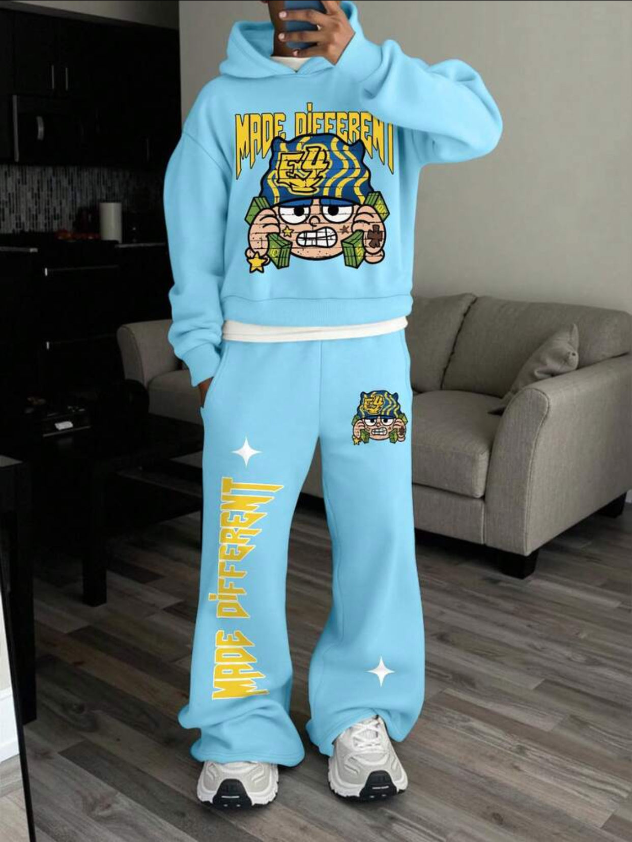 MADE DIFFERENT" Men's Heather Grey Streetwear Tracksuit – Y2K Graphic Pullover Hoodie and Wide-Leg Sweatpants Two-Piece Lounge Set