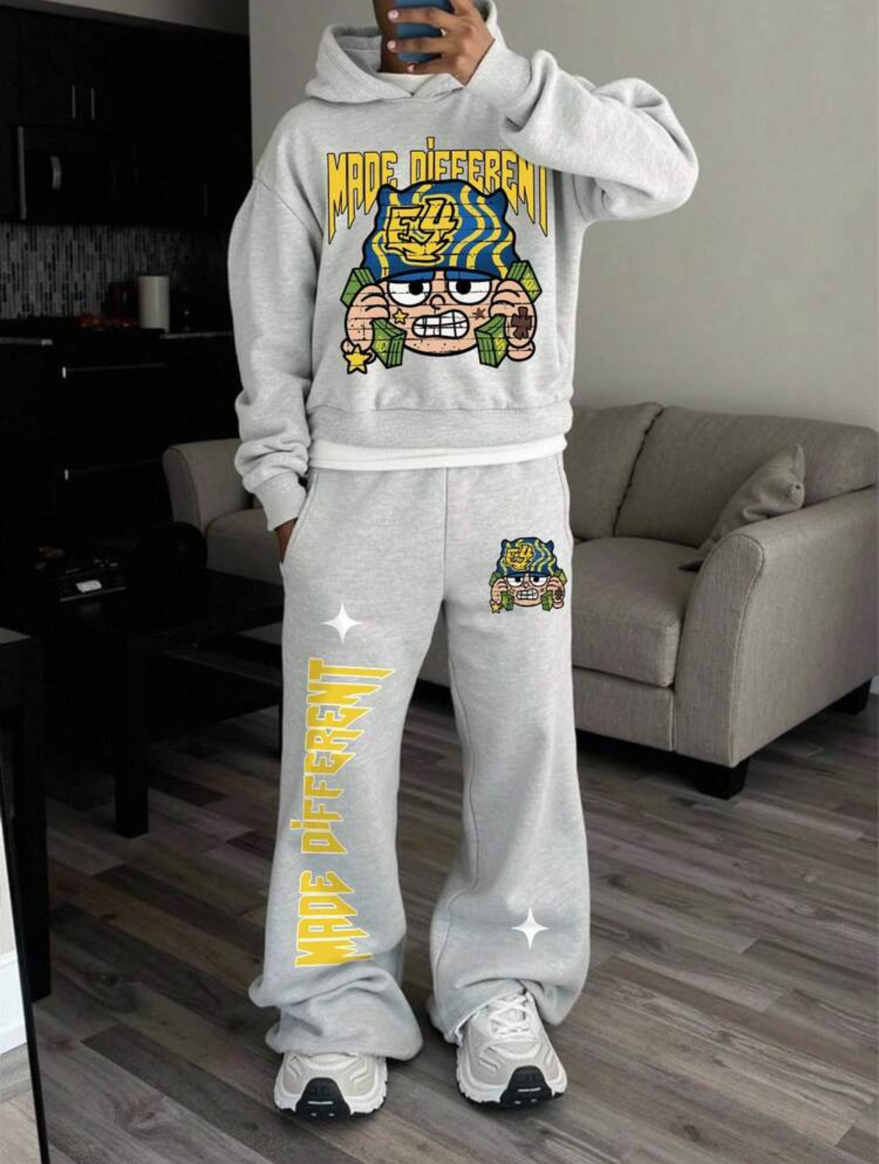 MADE DIFFERENT" Men's Heather Grey Streetwear Tracksuit – Y2K Graphic Pullover Hoodie and Wide-Leg Sweatpants Two-Piece Lounge Set 2