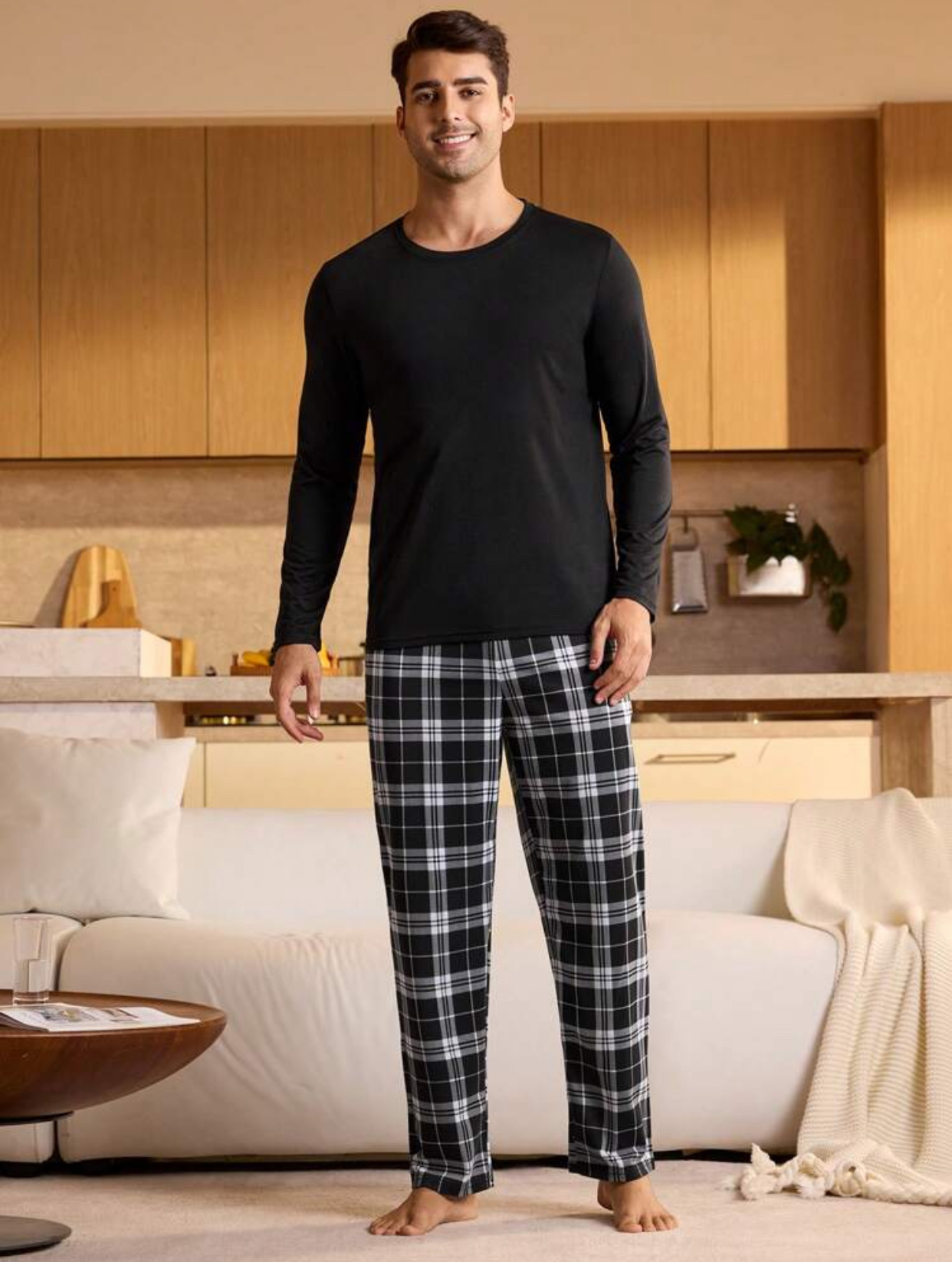 Men's Casual Comfort Pajama Set – Black Long-Sleeve Crewneck Top and Plaid Tartan Lounge Pants Two-Piece Sleepwear Set