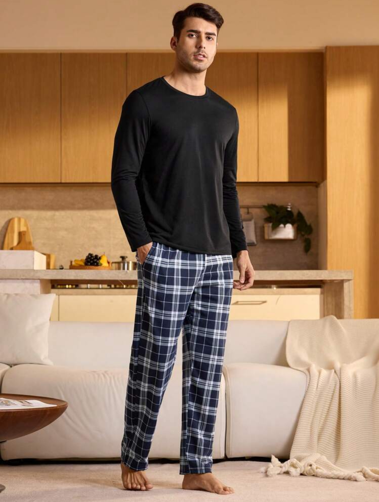 Men's Casual Comfort Pajama Set – Black Long-Sleeve Crewneck Top and Plaid Tartan Lounge Pants Two-Piece Sleepwear Set 3