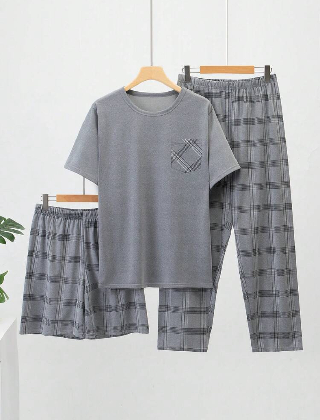 Men's 3-Piece Casual Loungewear Pajama Set – Light Grey Short-Sleeve Pocket Tee with Matching Plaid Lounge Pants and Pajama Shorts 2