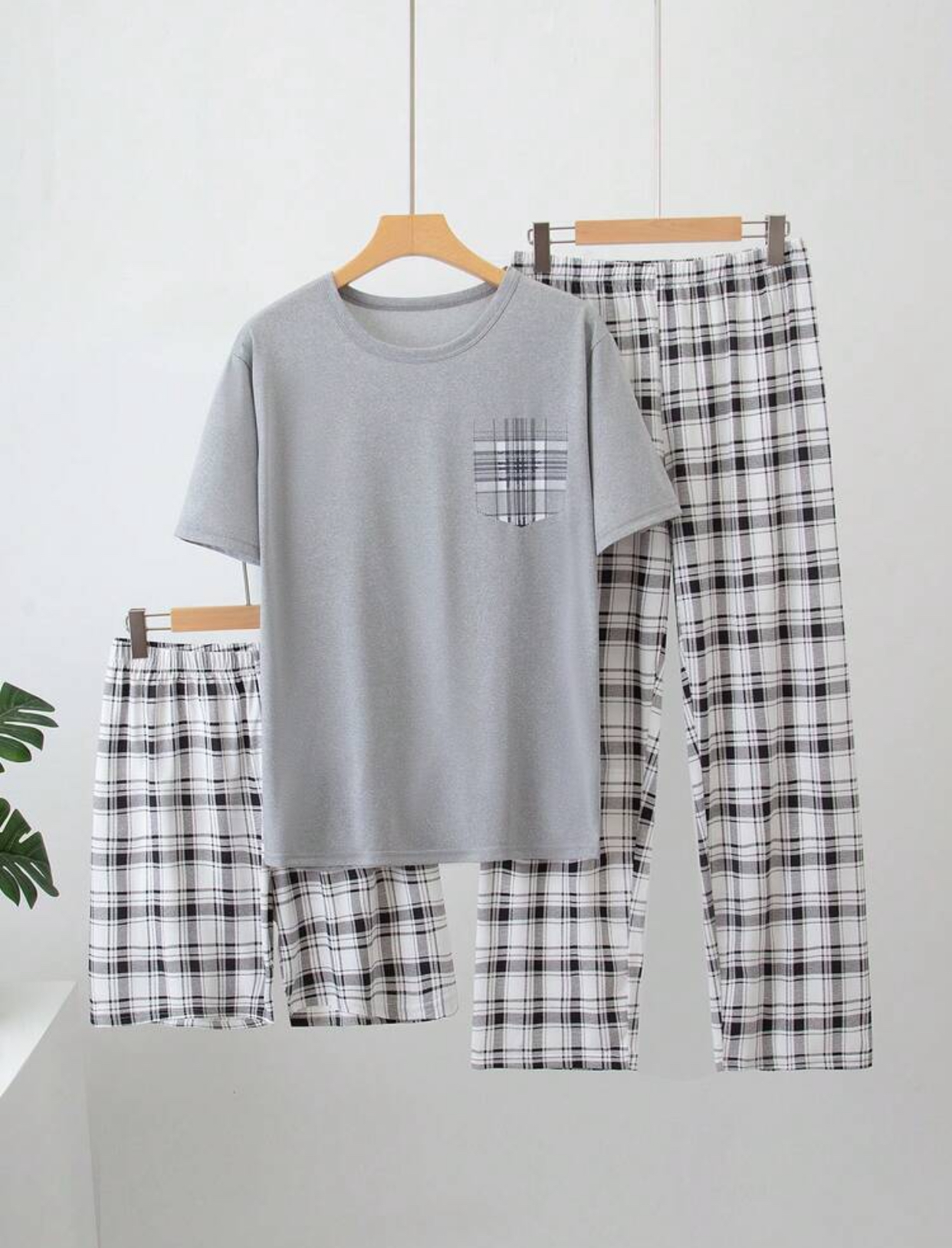 Men's 3-Piece Casual Loungewear Pajama Set – Light Grey Short-Sleeve Pocket Tee with Matching Plaid Lounge Pants and Pajama Shorts