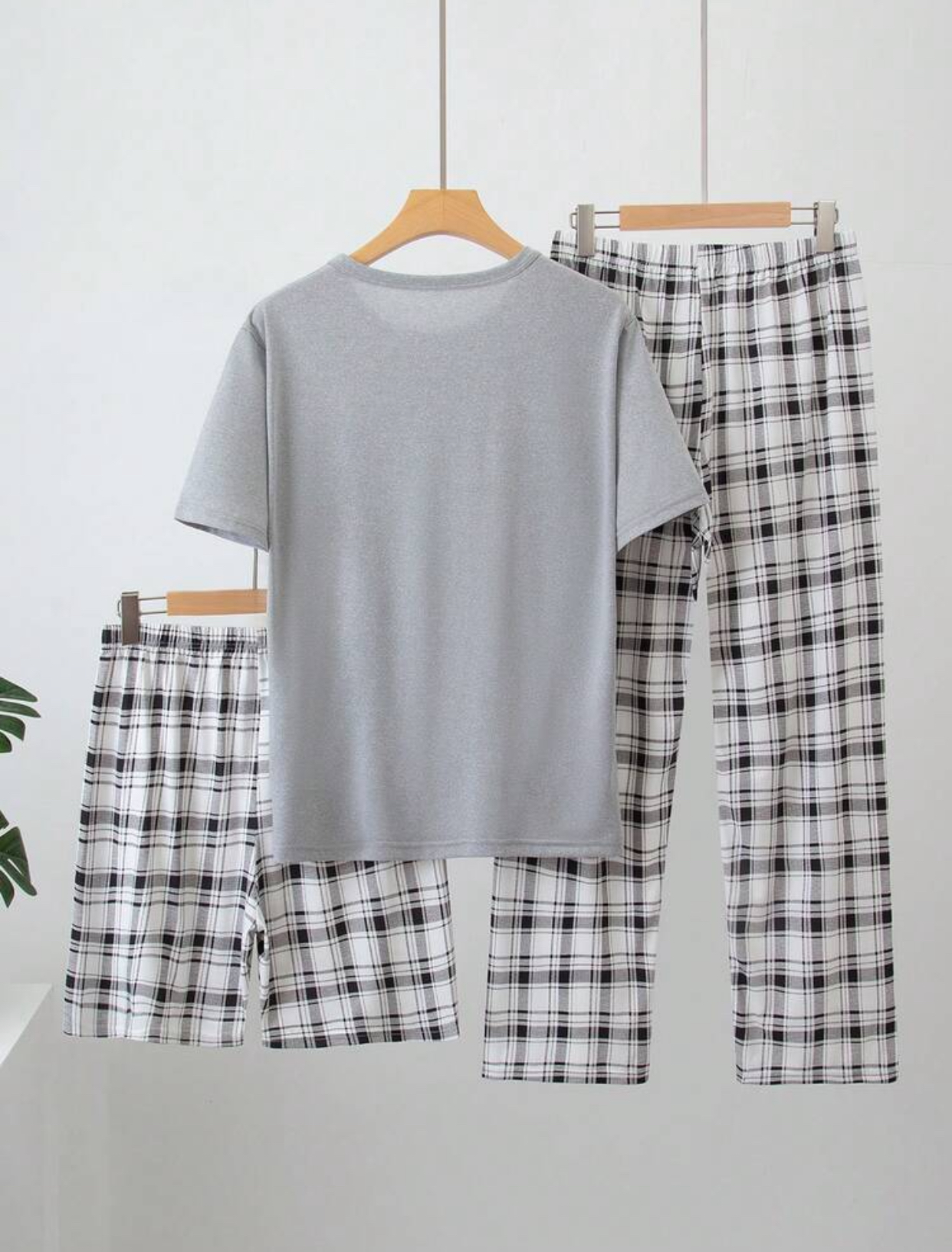 Men's 3-Piece Casual Loungewear Pajama Set – Light Grey Short-Sleeve Pocket Tee with Matching Plaid Lounge Pants and Pajama Shorts 3