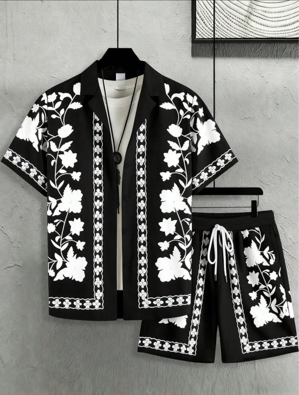 Men's Casual Black and White Floral Print Two-Piece Set – Short-Sleeve Cuban Collar Button-Down Shirt and Matching Drawstring Shorts Co-Ord