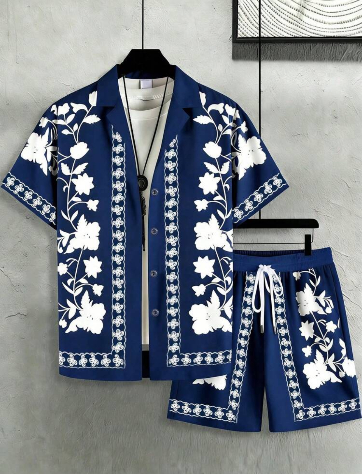 Men's Casual Black and White Floral Print Two-Piece Set – Short-Sleeve Cuban Collar Button-Down Shirt and Matching Drawstring Shorts Co-Ord 2