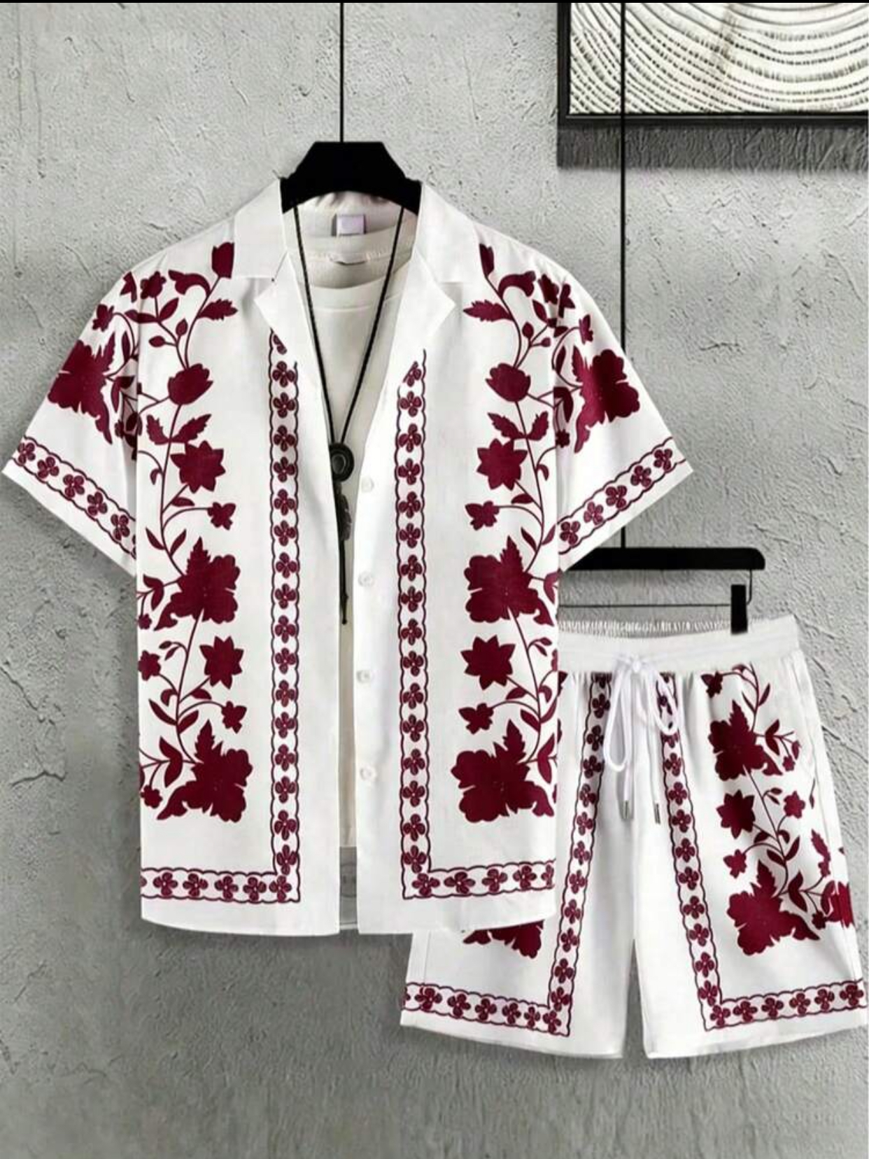 Men's Casual Black and White Floral Print Two-Piece Set – Short-Sleeve Cuban Collar Button-Down Shirt and Matching Drawstring Shorts Co-Ord 3