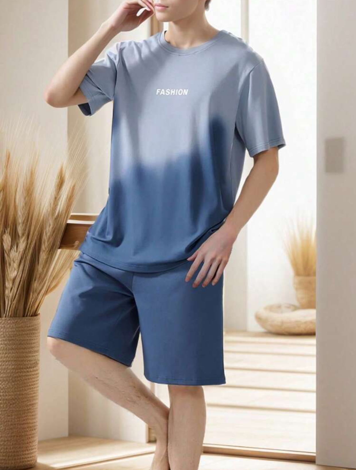 Men's Minimalist Blue Ombre Dip-Dye Two-Piece Loungewear Set – "FASHION" Printed Short-Sleeve T-Shirt and Matching Casual Elastic-Waist Shorts Co-Ord