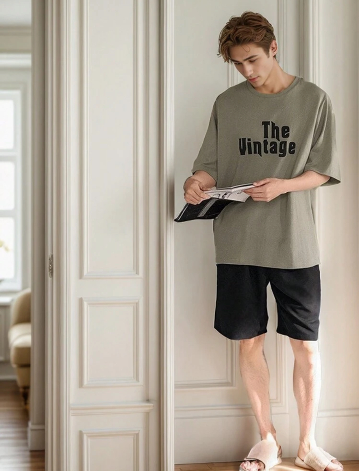 Men's Minimalist Blue Ombre Dip-Dye Two-Piece Loungewear Set – "FASHION" Printed Short-Sleeve T-Shirt and Matching Casual Elastic-Waist Shorts Co-Ord 2