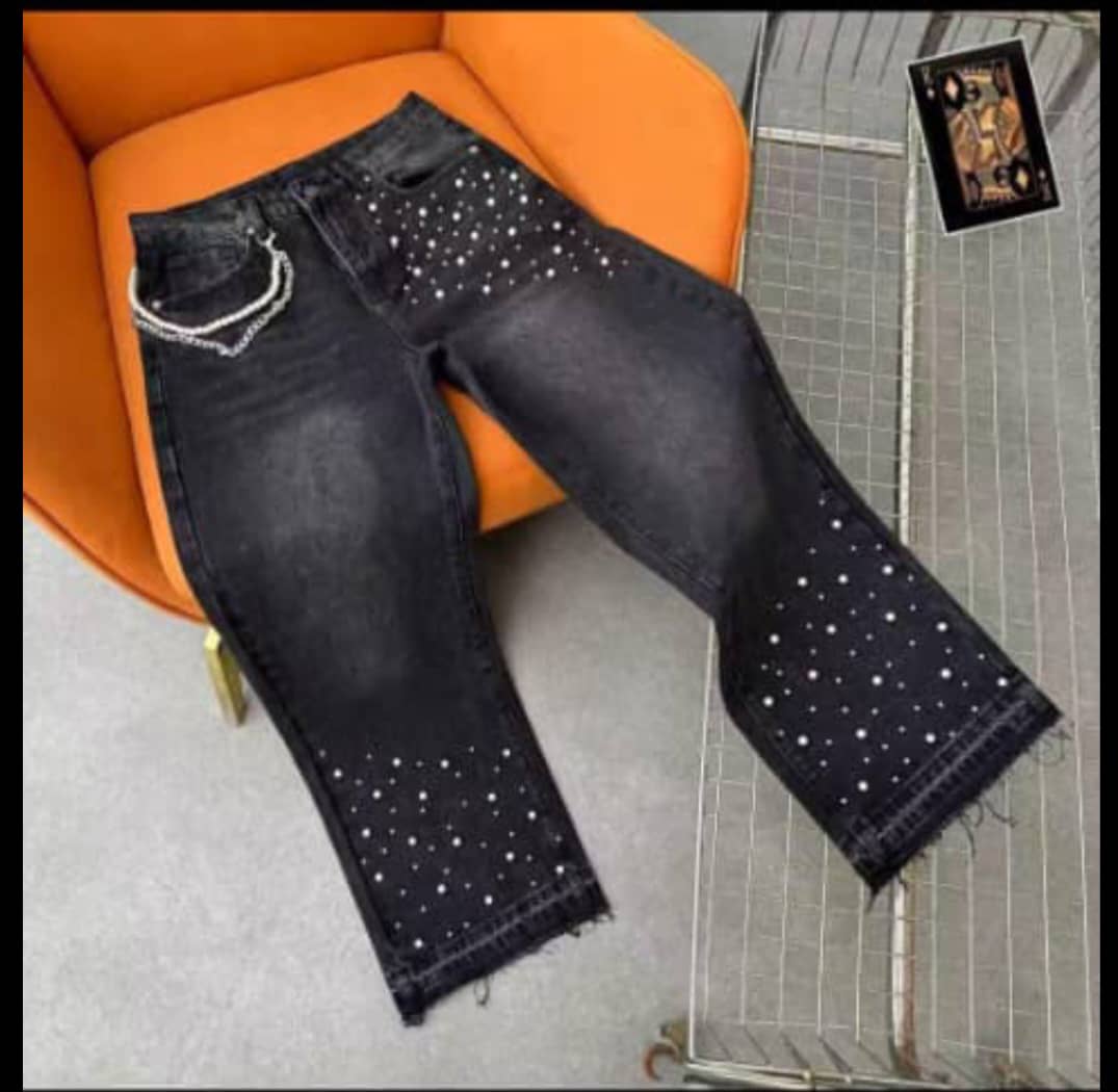 Gothic Glam Faux-Pearl Encrusted Washed Black Jeans with Double Hip Chain