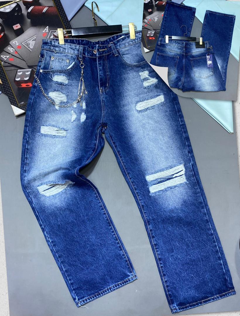 Heavy Distressed Bleach-Faded Indigo Relaxed Jeans with Multi-Link Silver Chain