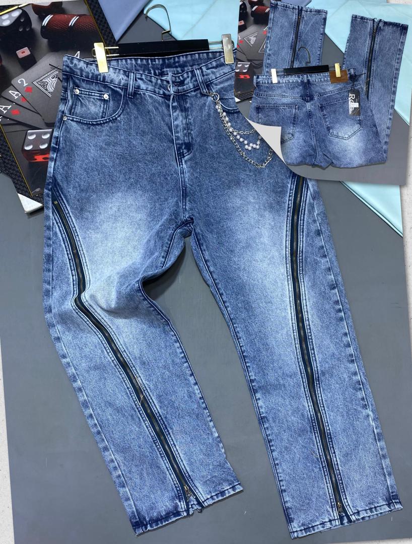 Industrial Vertical-Zip Acid Wash Wide-Leg Jeans with Triple-Layer Bead Chain