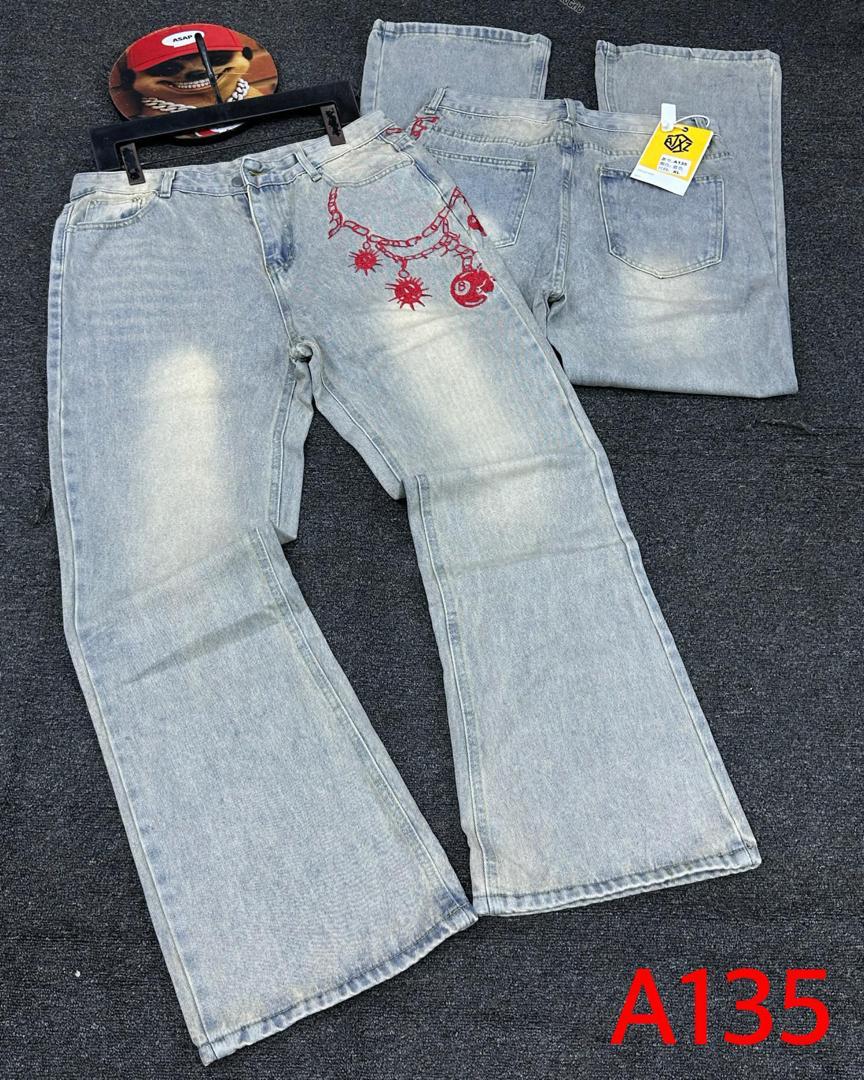 Graphic Charm Chain Embroidered Light Blue Flare Jeans (Style A135)