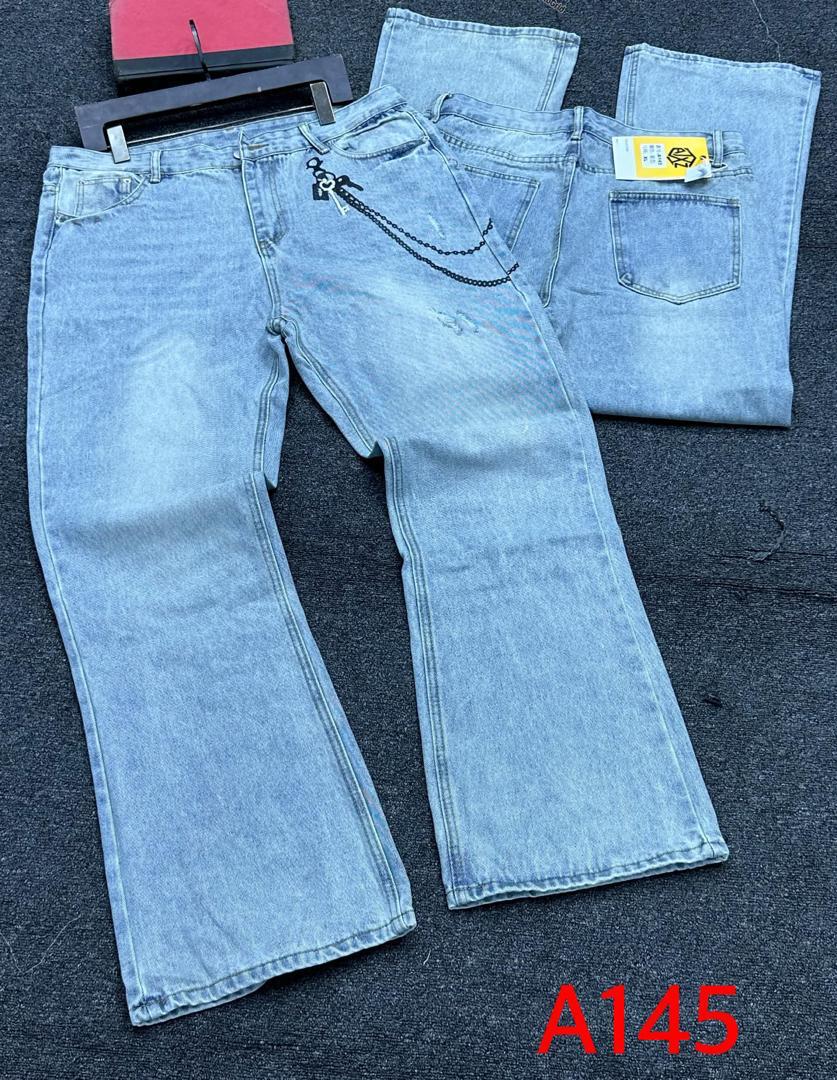 Minimalist Key & Lock Chain Graphic Light Blue Wide-Leg Jeans (Style A145)