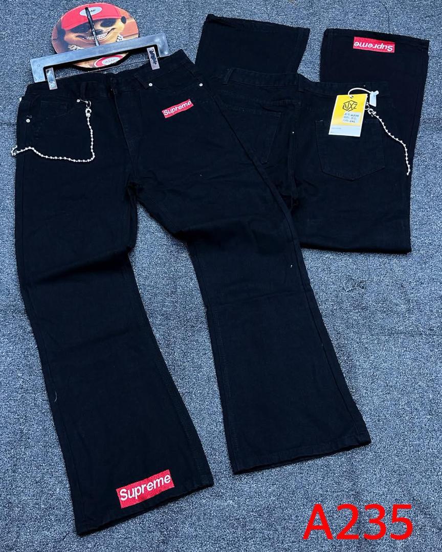 Supreme Box Logo Accent Pitch Black Flare Jeans with Silver Chain (Style A235)