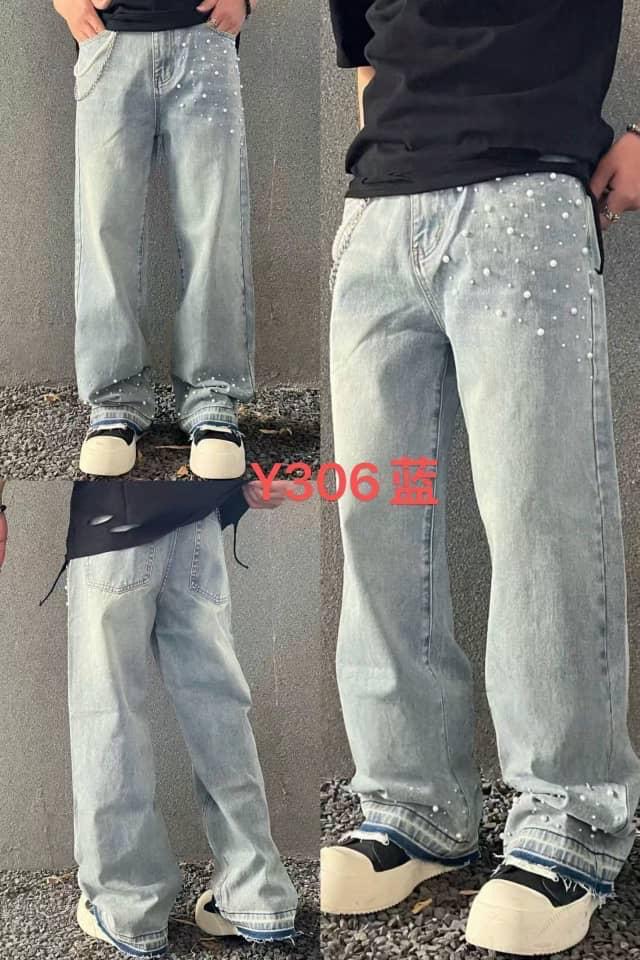 Luxury Pearl-Studded Ice Blue Distressed Wide-Leg Jeans (Style Y306)