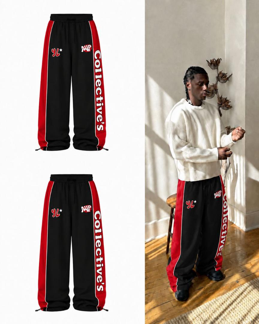 Y2K Retro-Athletic Oversized Heavy-Fleece Contrast Side-Panel Baggy Track Pants with Toggle-Drawstring Adjustable Hems and Vertical Script Logo – Black and Red