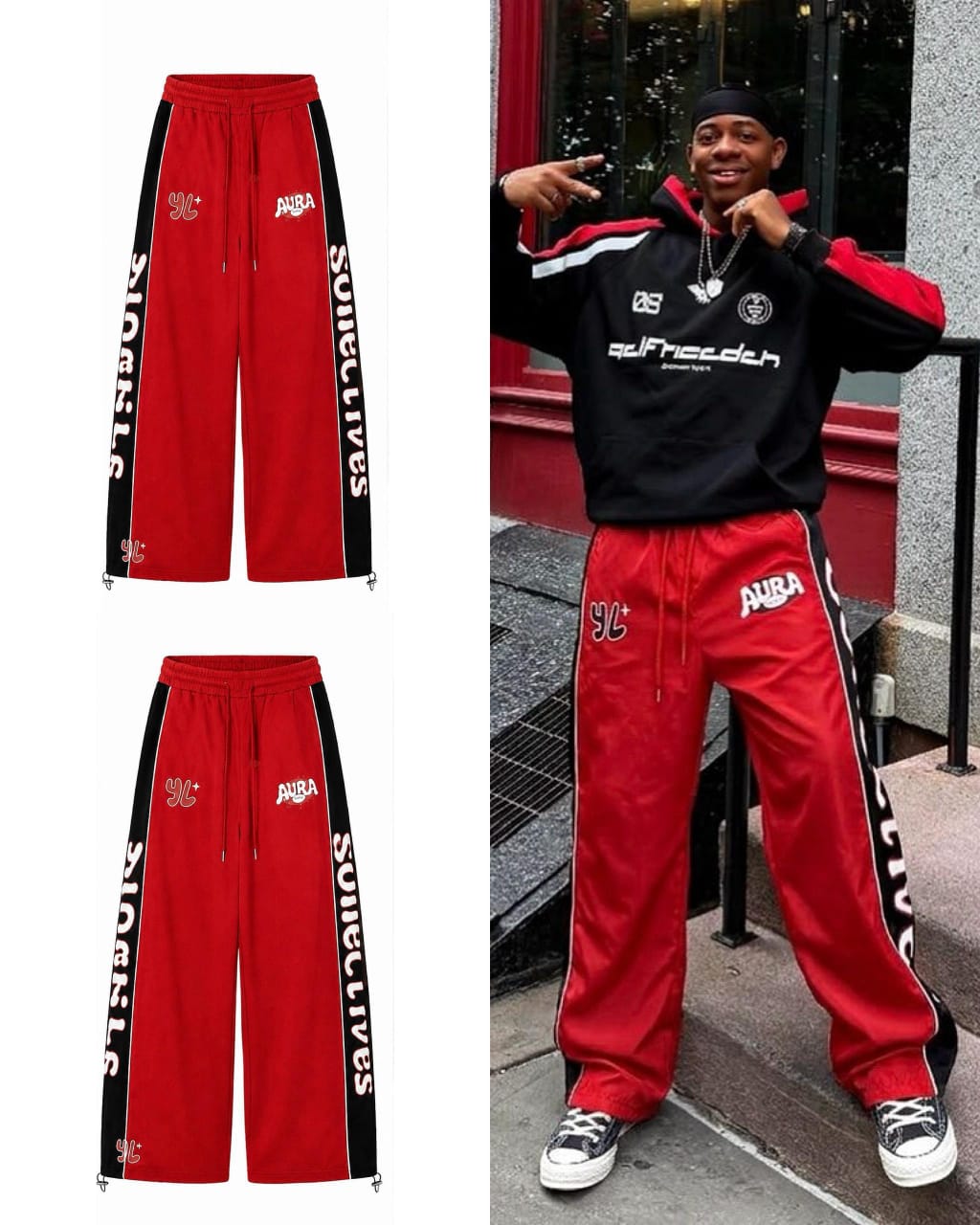 Y2K Retro-Athletic Oversized Heavy-Fleece Contrast Side-Panel Baggy Track Pants with Toggle-Drawstring Adjustable Hems and Vertical Script Logo – Black and Red 2