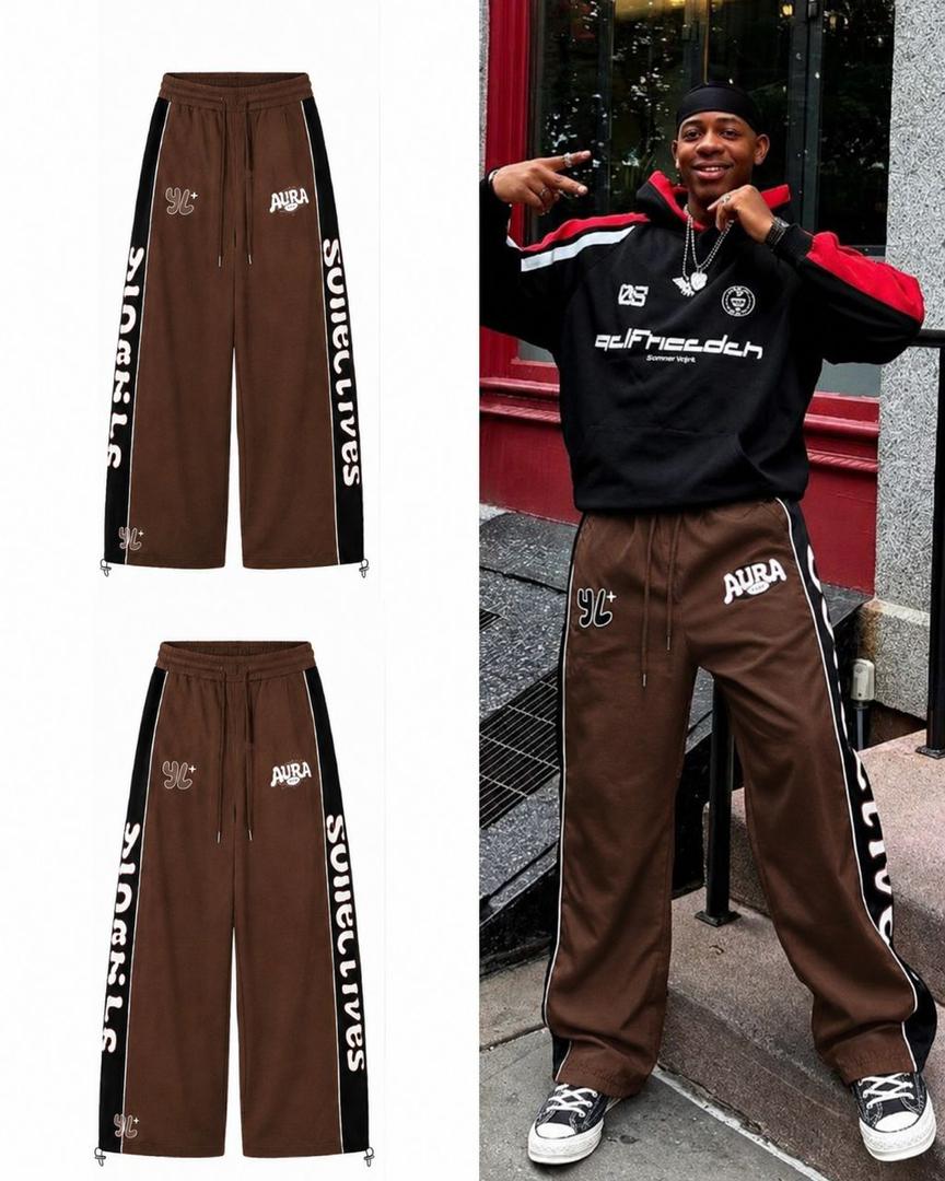 Y2K Retro-Athletic Oversized Heavy-Fleece Contrast Side-Panel Baggy Track Pants with Toggle-Drawstring Adjustable Hems and Vertical Script Logo – Black and Red 3
