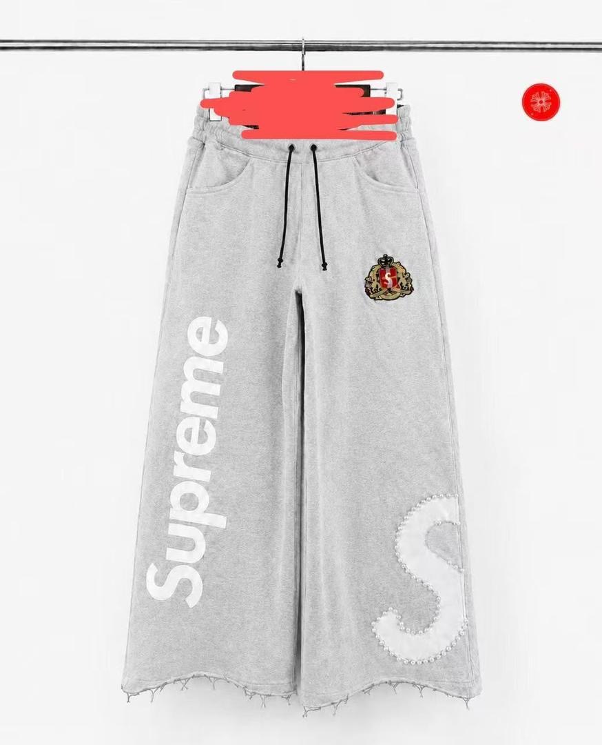 Supreme Royal Crest Embroidered Ultra Wide-Leg Heather Grey Sweatpants with Faux-Pearl Studded Script S-Logo Fabric Applique and Raw Frayed Hems