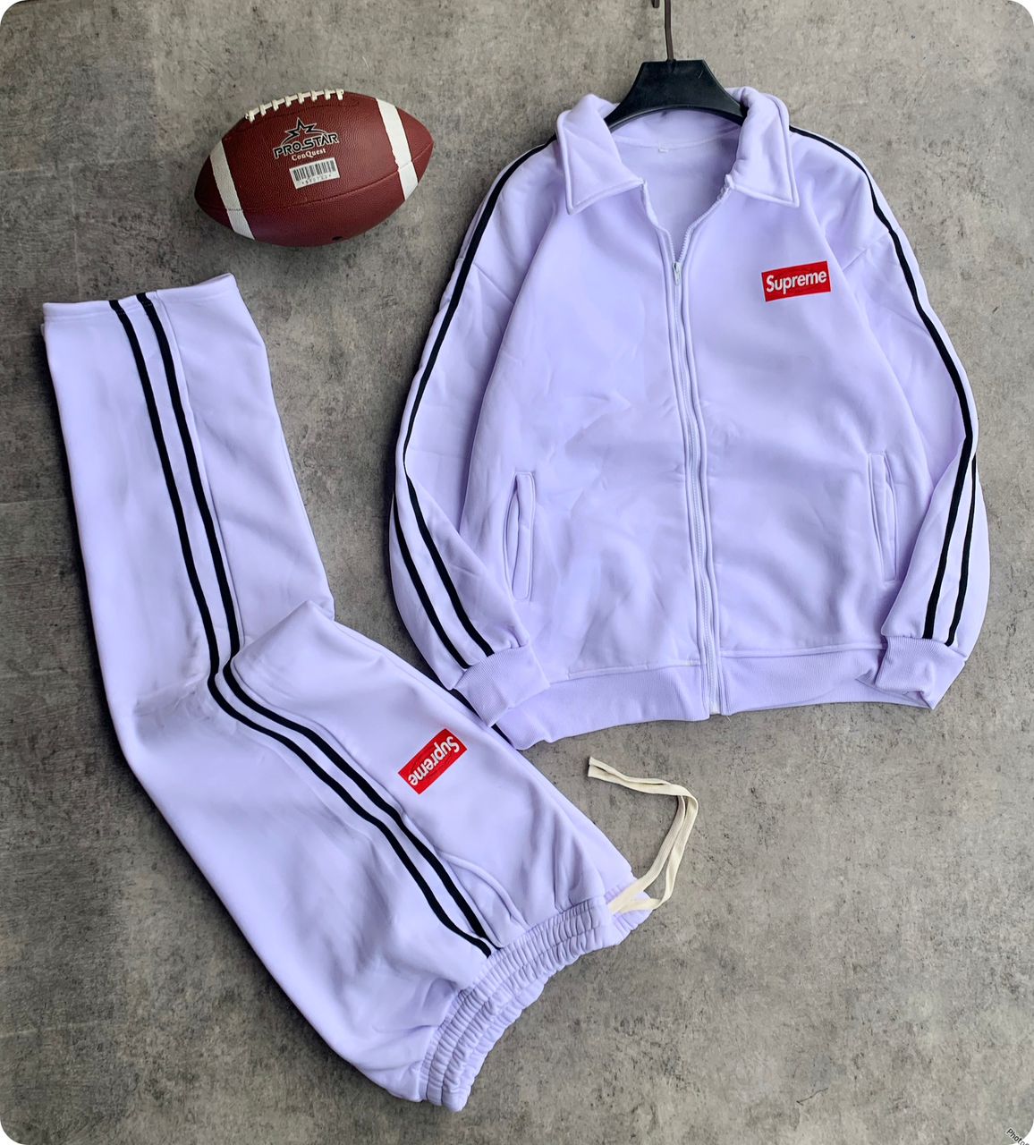 Supreme Box Logo Classic Fold-Down Collar Full-Zip Track Jacket and Relaxed-Fit Sweatpants Two-Piece Sportswear Set with Double High-Contrast White Racing Stripes – Pitch Black 2