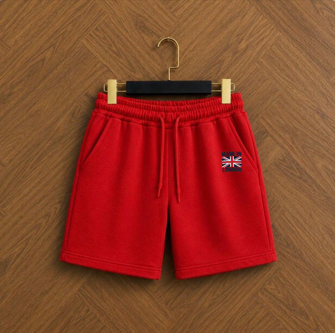 Premium Heavyweight Fleece Drawstring Athleisure Sweat Shorts with Embroidered Union Jack Made in London Graphic Motif – Vibrant Crimson Red