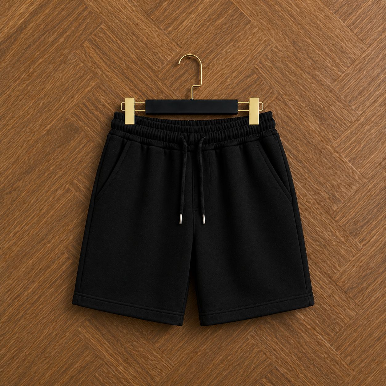 Minimalist Clean-Cut Heavyweight Cotton Fleece Lounge Sweat Shorts with Covered Elastic Waistband and Tonal Drawcords – Pitch Black