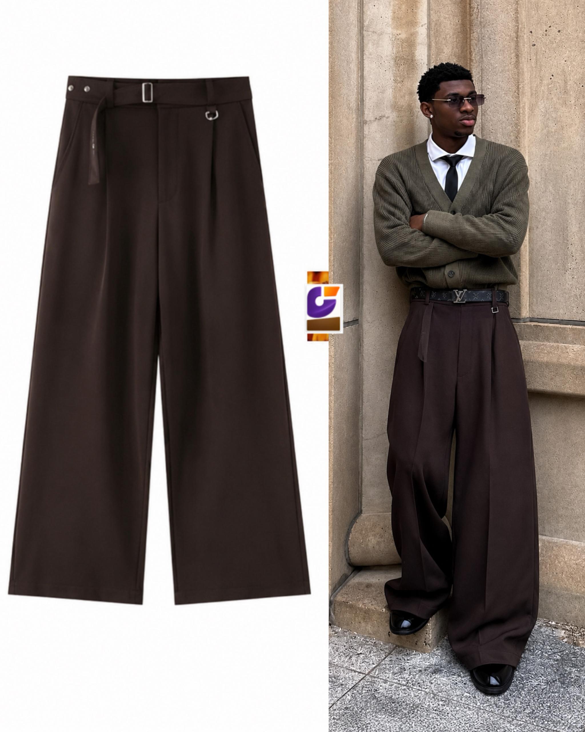 High-Fashion Avant-Garde Tailored Pleated Ultra-Wide Oversized Palazzo Dress Trousers with Integrated Self-Fabric Belt and Metallic Hardware Accents – Espresso Dark Brown