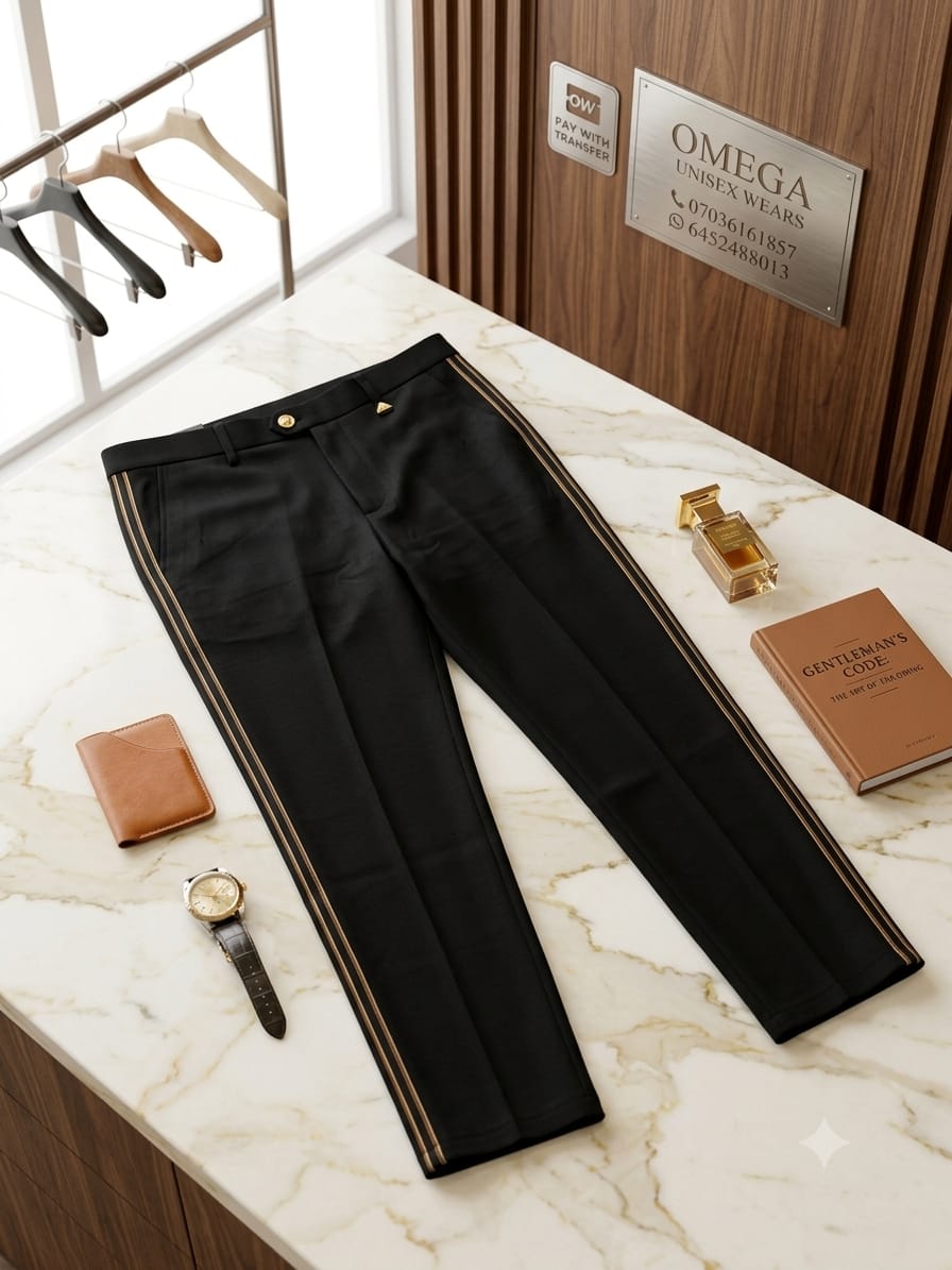 Premium Bespoke Formal Slim-Fit Suit Trousers with Dual Metallic Gold Side-Seam Tuxedo Striping and Branded Extended Waistband Button Accent – Jet Black