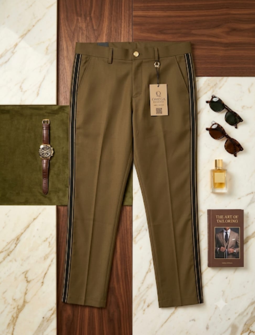 Premium Bespoke Formal Slim-Fit Suit Trousers with Dual Metallic Gold Side-Seam Tuxedo Striping and Branded Extended Waistband Button Accent – Jet Black 2