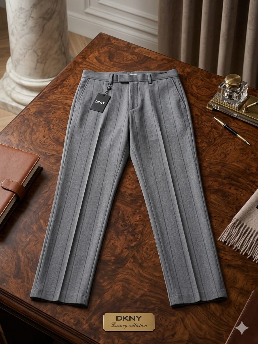 DKNY Luxury Collection Smart Casual Regular-Fit Pinstripe Dress Trousers with Sharp Double Center Creases and Integrated Hidden Tab Closures – Classic Heather Grey