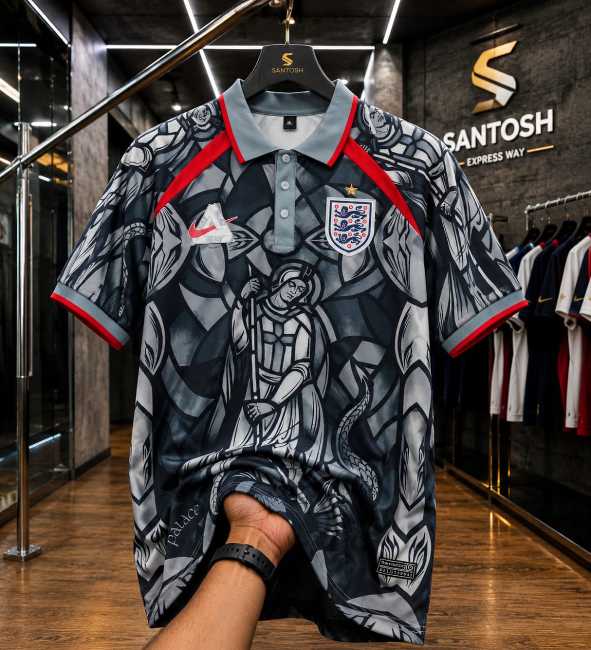 England National Team Custom "St. George Stained Glass" Palace Concept Jersey – Slate Gray & Crimson