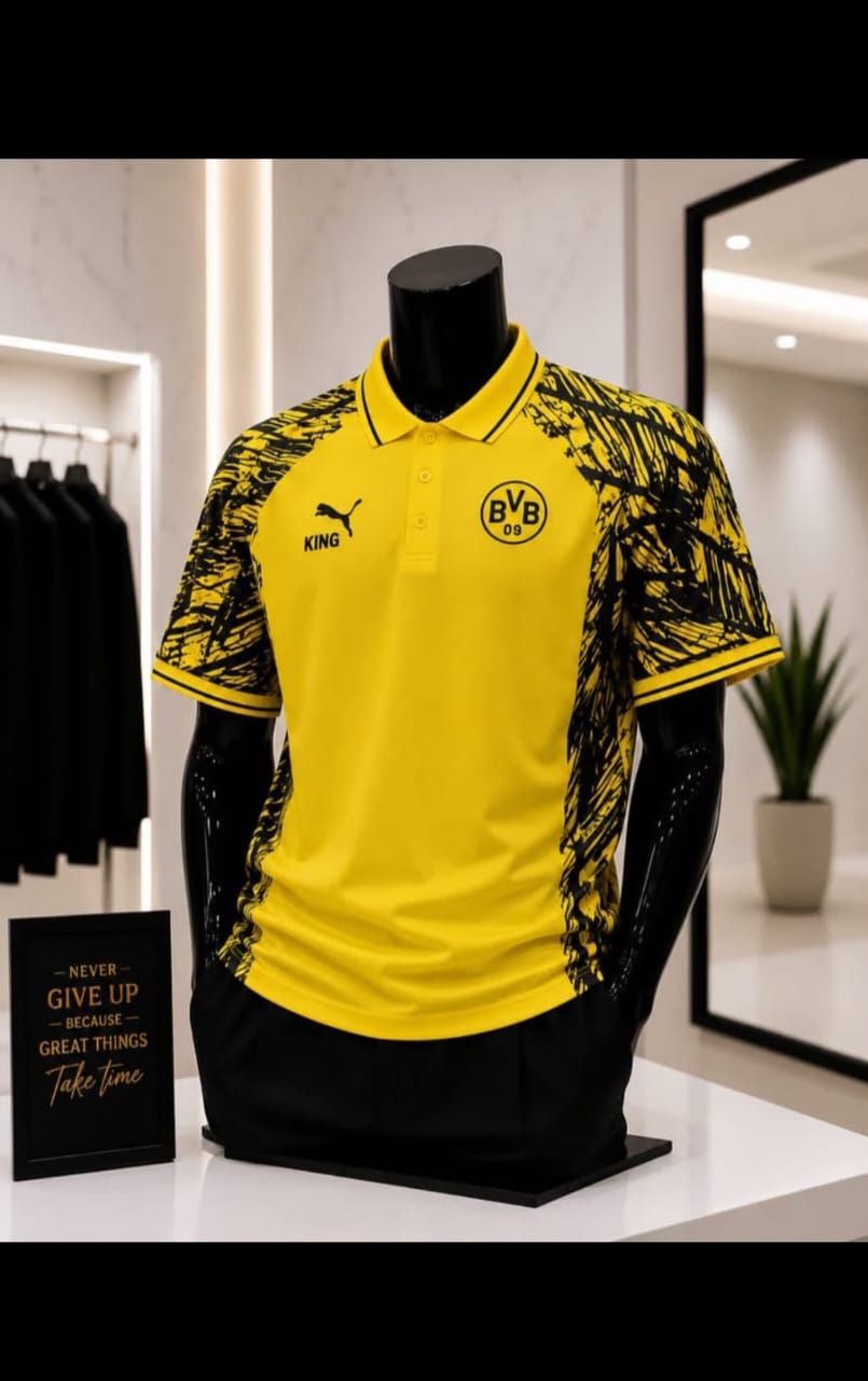 Borussia Dortmund Lifestyle "Scratch Graphic" Polo Jersey with King Branding – Cyber Yellow & Onyx Black