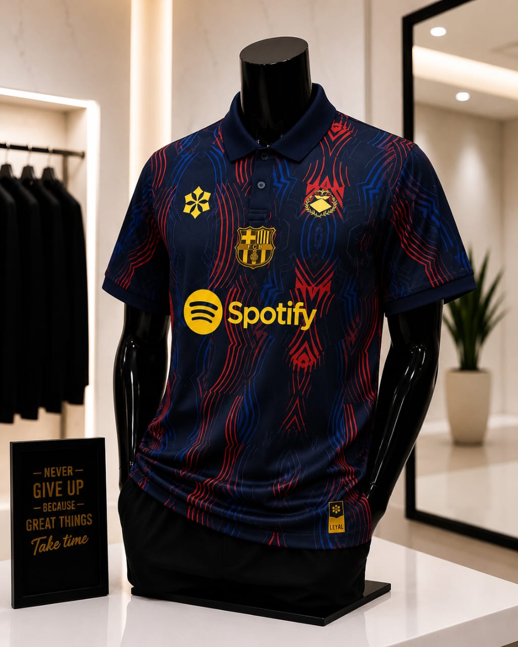 FC Barcelona Custom "Geometric Wave" Polo Kit with Vibrant Spotify Sponsor – Deep Navy & Crimson Red