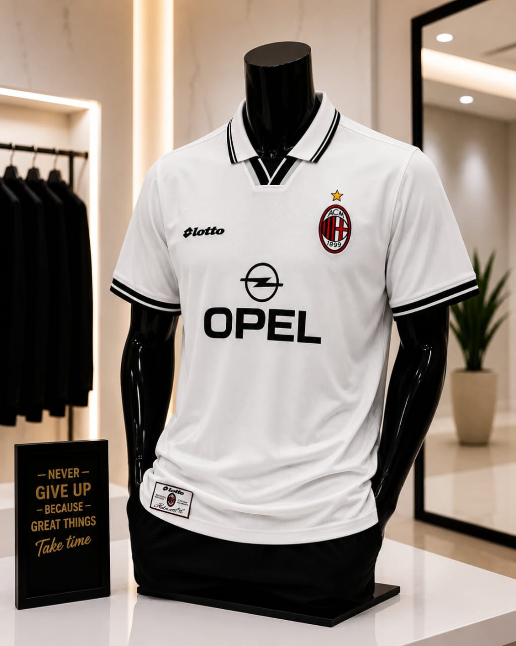 AC Milan Retro 1990s Away Jersey with Contrast V-Neck Polo Collar and Classic Opel Sponsor – Minimalist White