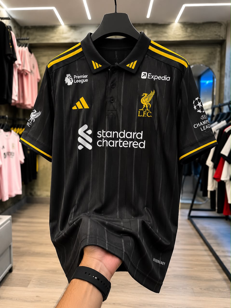 Liverpool F.C. Custom Pinstripe Polo Jersey with Vibrant Gold Accents – Stealth Pitch Black