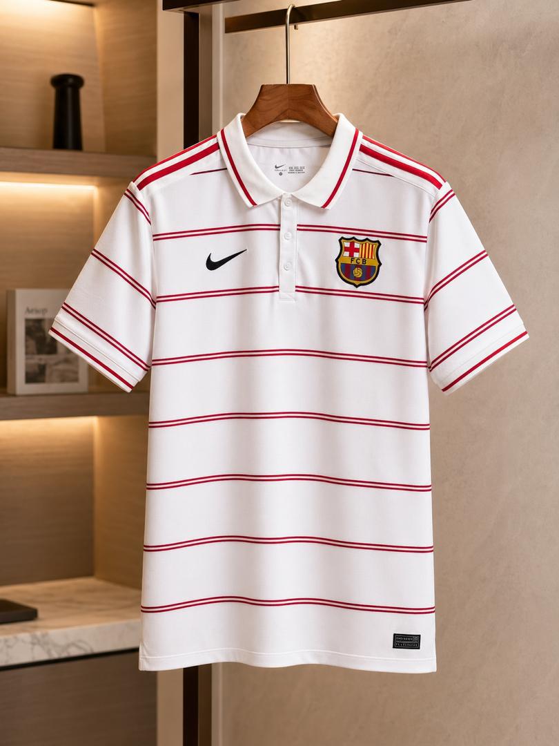 FC Barcelona Retro-Inspired Horizontal Pinstripe Polo – Minimalist White & Crimson Red