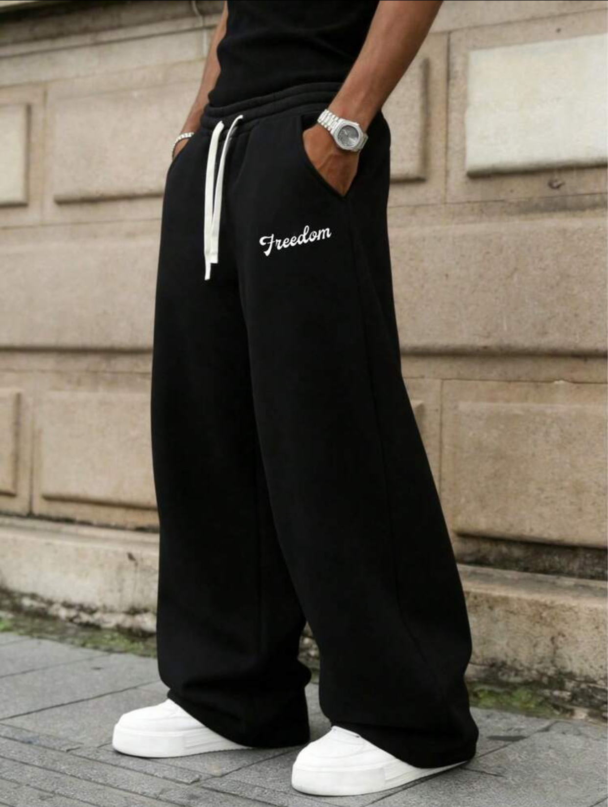 Men's Streetwear Baggy Wide-Leg Black Sweatpants with White Cursive "Freedom" Script Embroidery and Contrast Drawstring