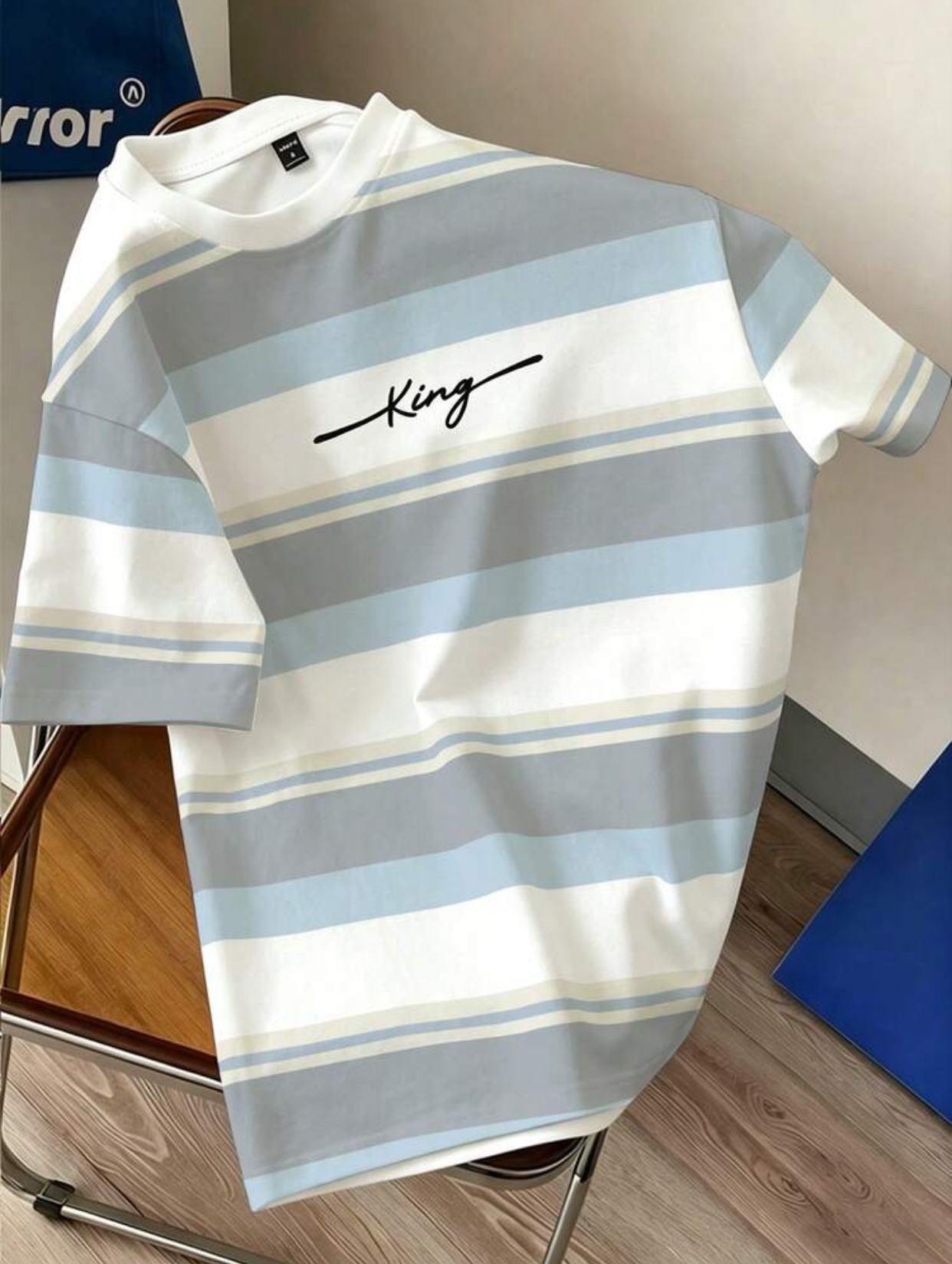 Men's Streetwear King Graphic Embroidered Striped Short Sleeve Crew Neck T-Shirt