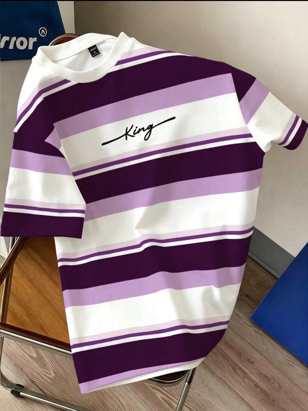 Men's Streetwear King Graphic Embroidered Striped Short Sleeve Crew Neck T-Shirt 2
