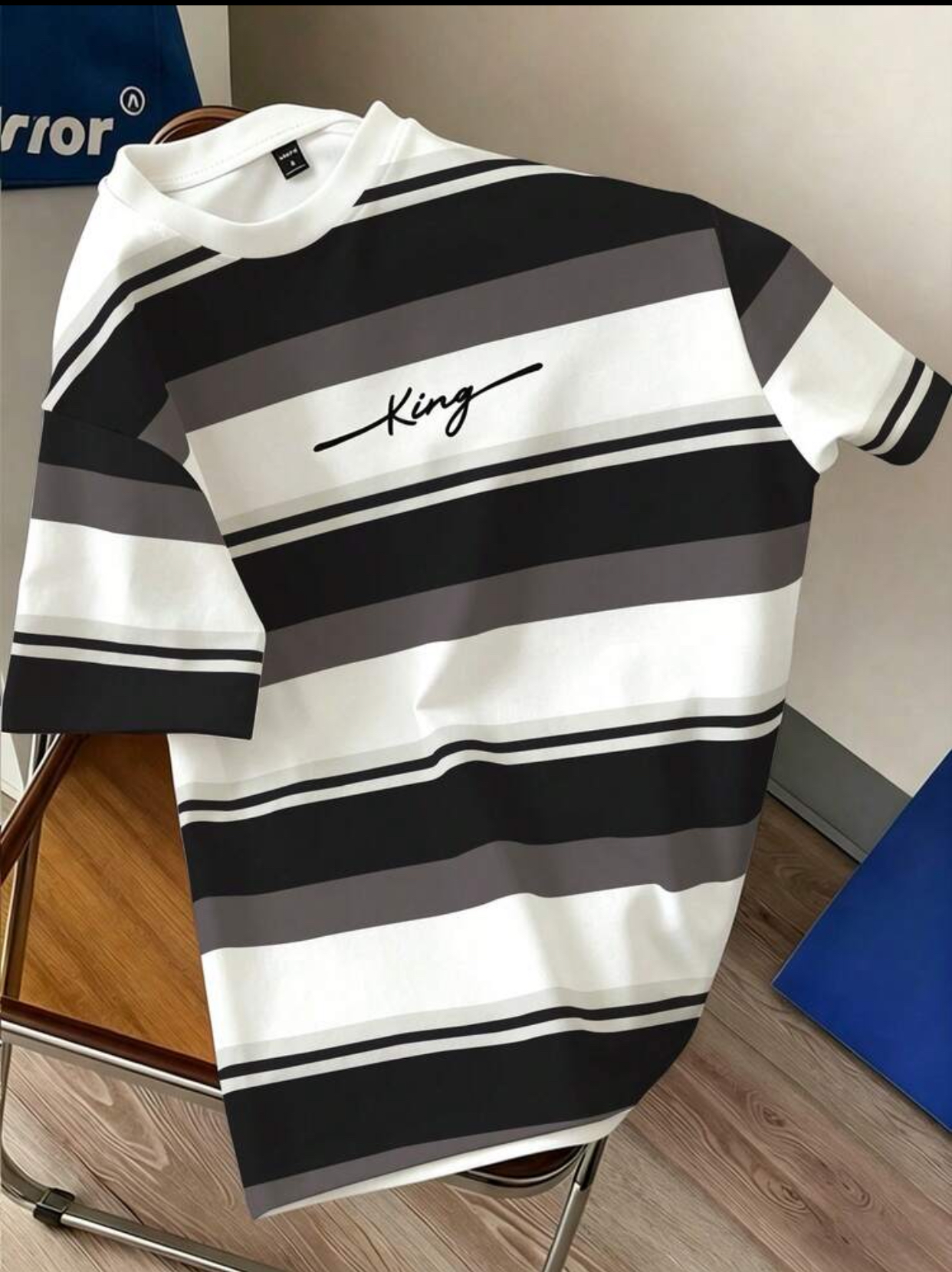 Men's Streetwear King Graphic Embroidered Striped Short Sleeve Crew Neck T-Shirt 3