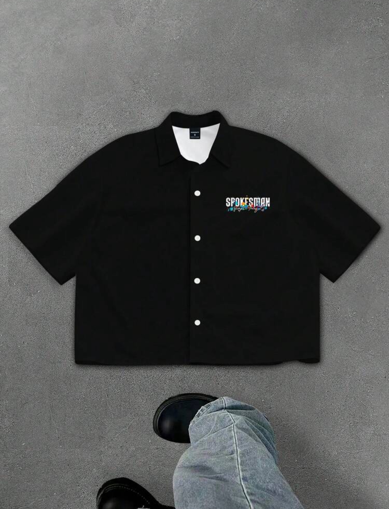 SPOKESMAN Simple Things Men's Streetwear Black Oversized Short Sleeve Button-Down Shirt with Graphic Pocket Print
