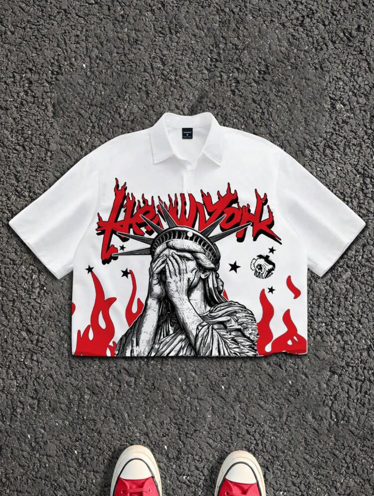 New York Men's Streetwear Statue of Liberty Crying Graphic Red Flame Printed Short Sleeve White Button-Down Shirt