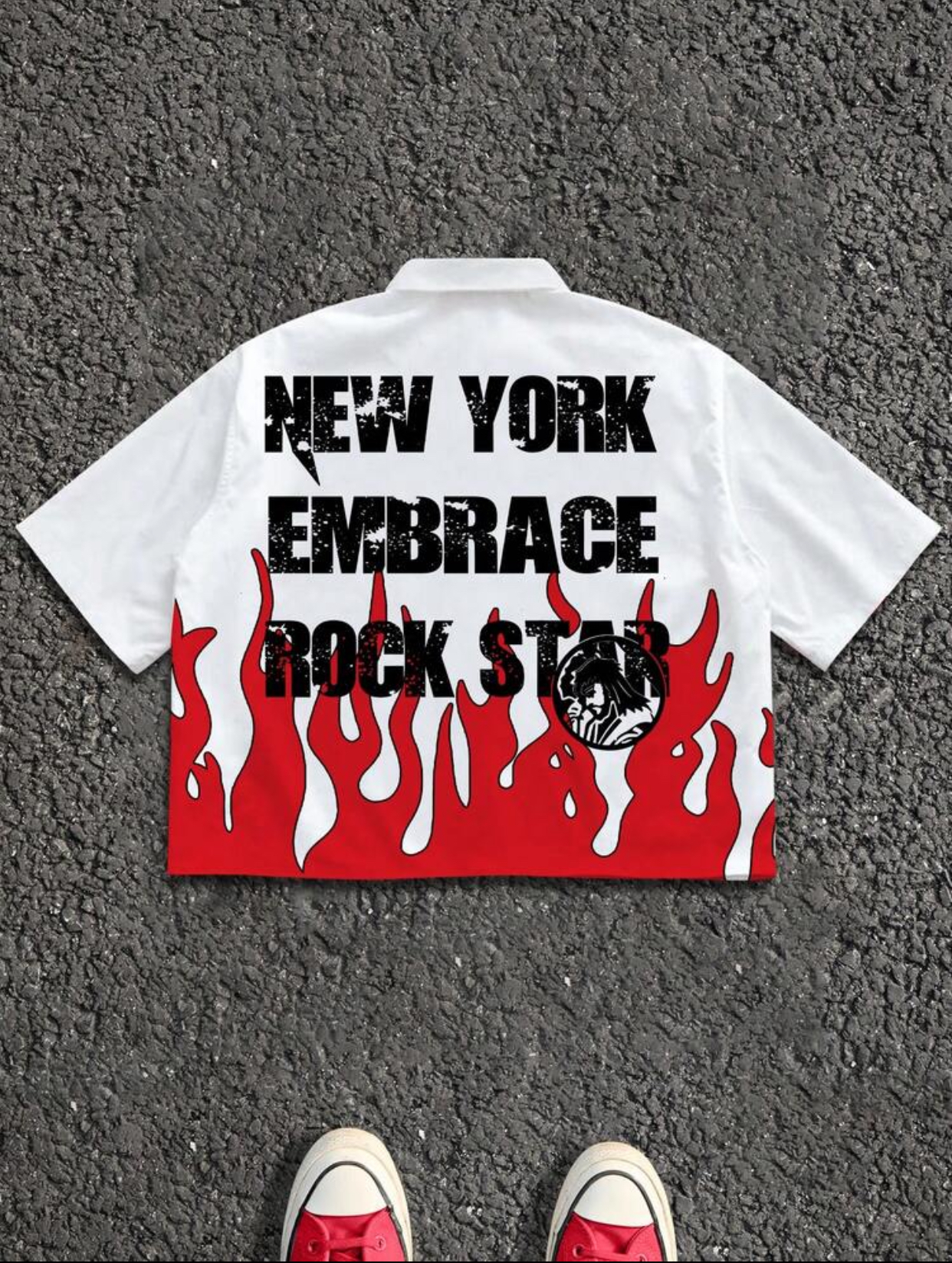 New York Men's Streetwear Statue of Liberty Crying Graphic Red Flame Printed Short Sleeve White Button-Down Shirt 2