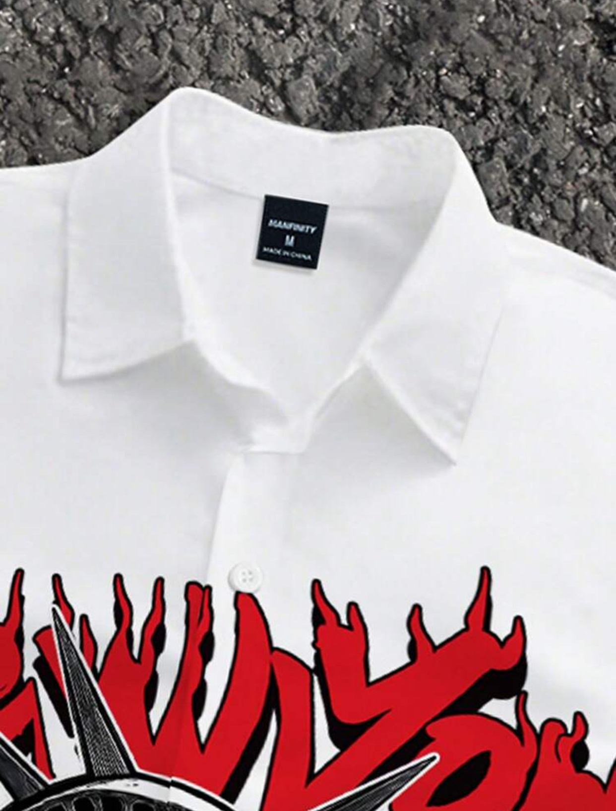 New York Men's Streetwear Statue of Liberty Crying Graphic Red Flame Printed Short Sleeve White Button-Down Shirt 3
