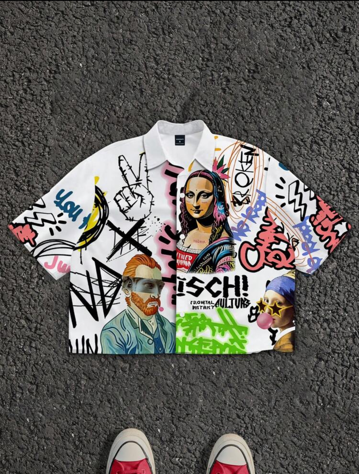 FISCH! CULTURAL BROKEN Men's Streetwear Art Masterpiece Graffiti Graphic Short Sleeve White Button-Down Shirt