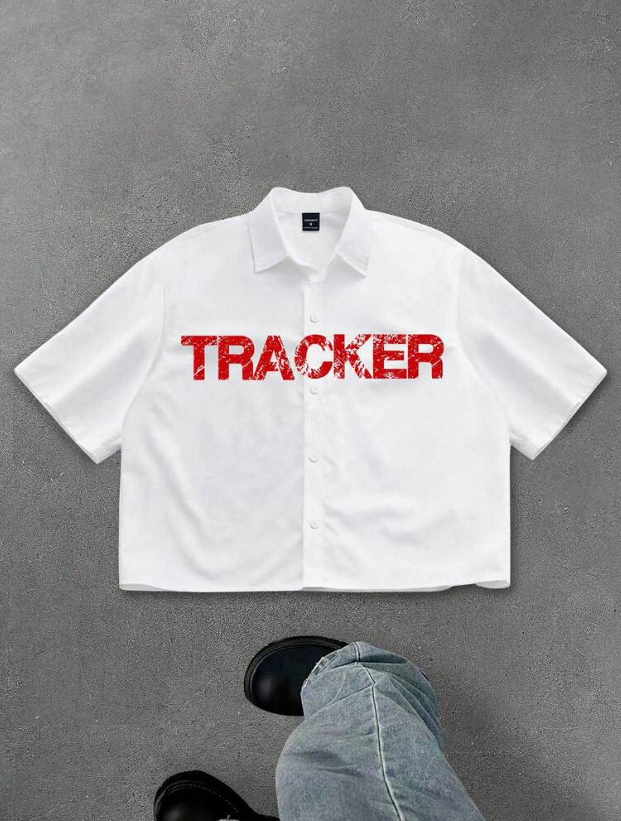TRACKER Men's Streetwear Praying Figure Graphic Red Distressed Lettering Short Sleeve White Button-Down Shirt