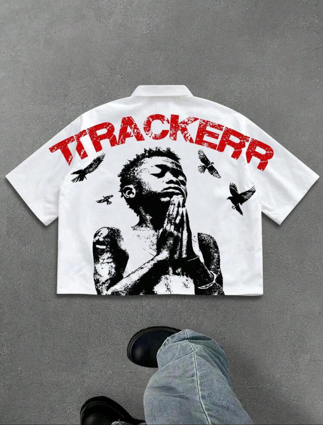 TRACKER Men's Streetwear Praying Figure Graphic Red Distressed Lettering Short Sleeve White Button-Down Shirt 2