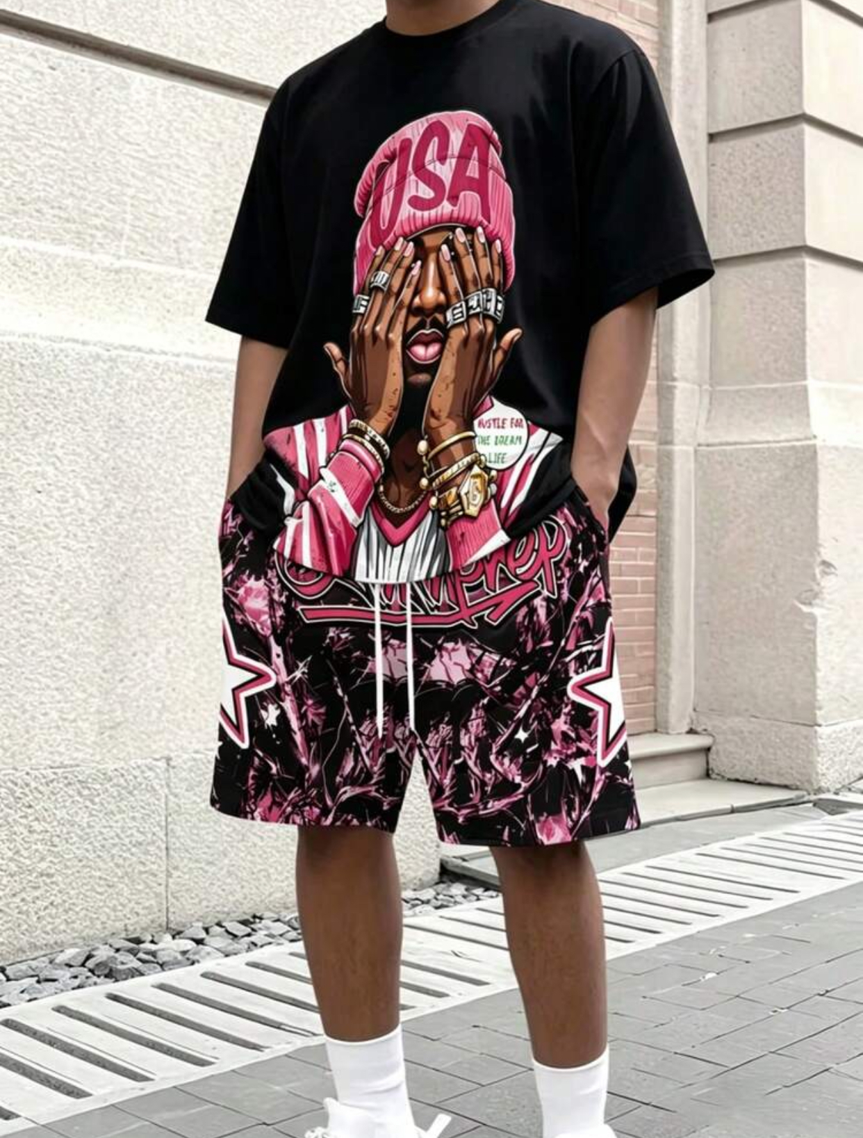 HUSTLE FOR THE DREAM LIFE Men's Streetwear Character Graphic T-Shirt and Pink Camo Shorts Two-Piece Summer Set 3