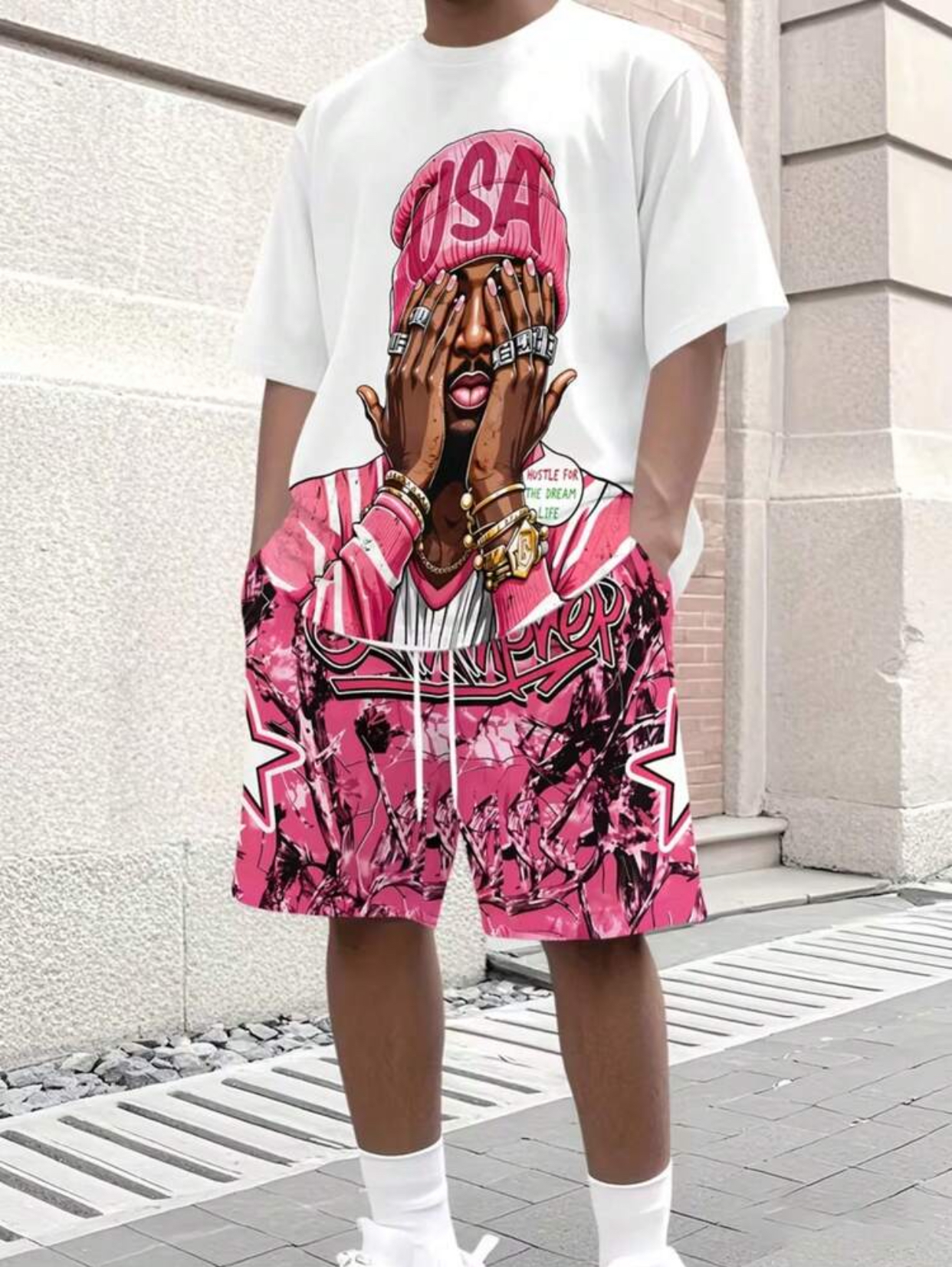 HUSTLE FOR THE DREAM LIFE Men's Streetwear Character Graphic T-Shirt and Pink Camo Shorts Two-Piece Summer Set